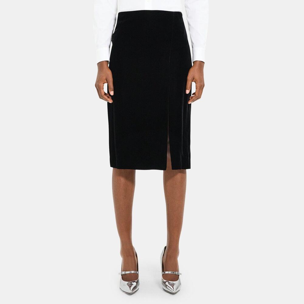 Winter Preppy Business Casual Formal Crushed Stretch Velvet Black Pencil Skirt